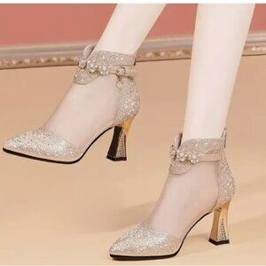 New Golden Mesh Women's Glamorous New Year Boots Sz 7 Bling Back Zip Chunky Heel